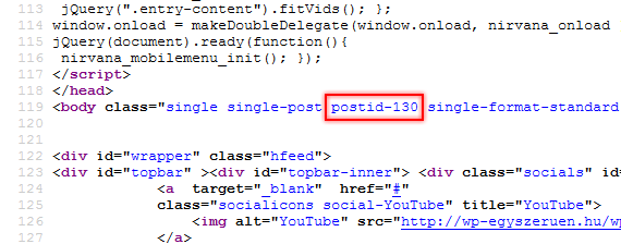 képernyőkép a honlap HTML kódjáról a body tag-ben lévő postid-130 class ki van emelve piros kerettel.